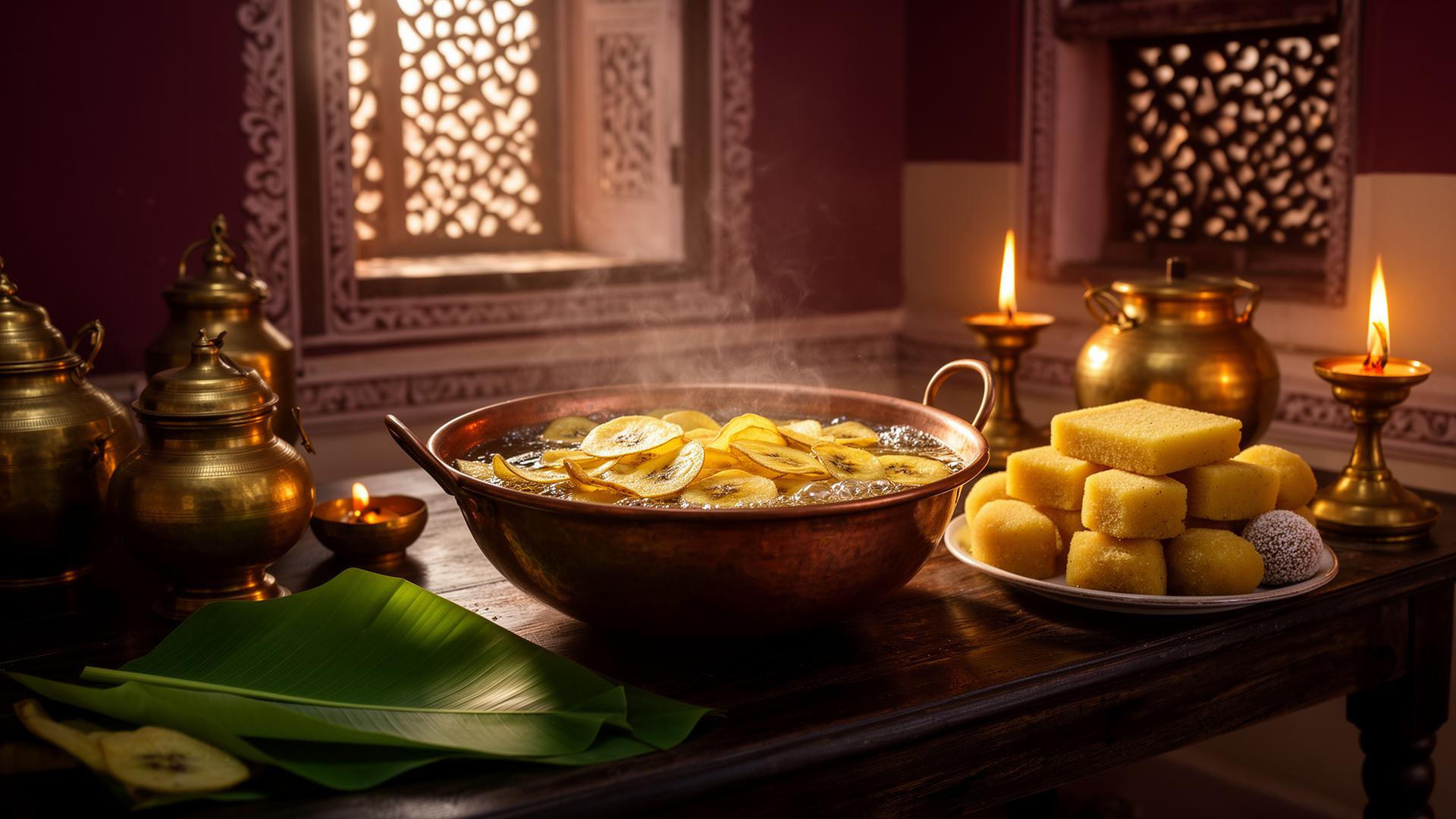 Traditional Nagercoil kitchen with brass containers and freshly fried banana chips