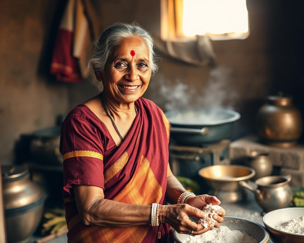 Elderly Tamil grandmother preparing snacks in a traditional kitchen