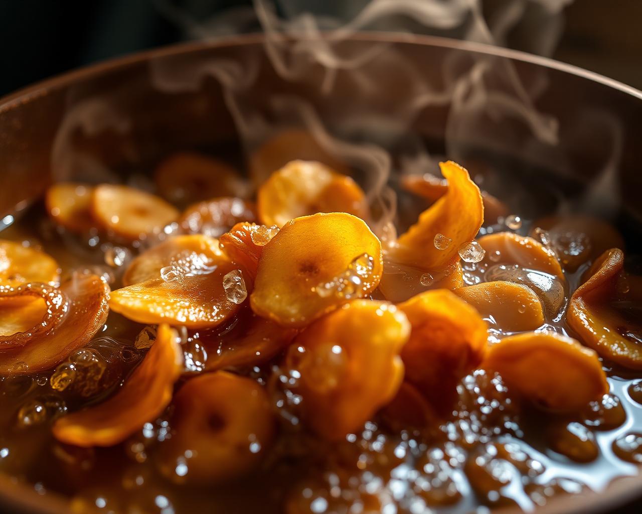 Banana chips frying in a copper kadai